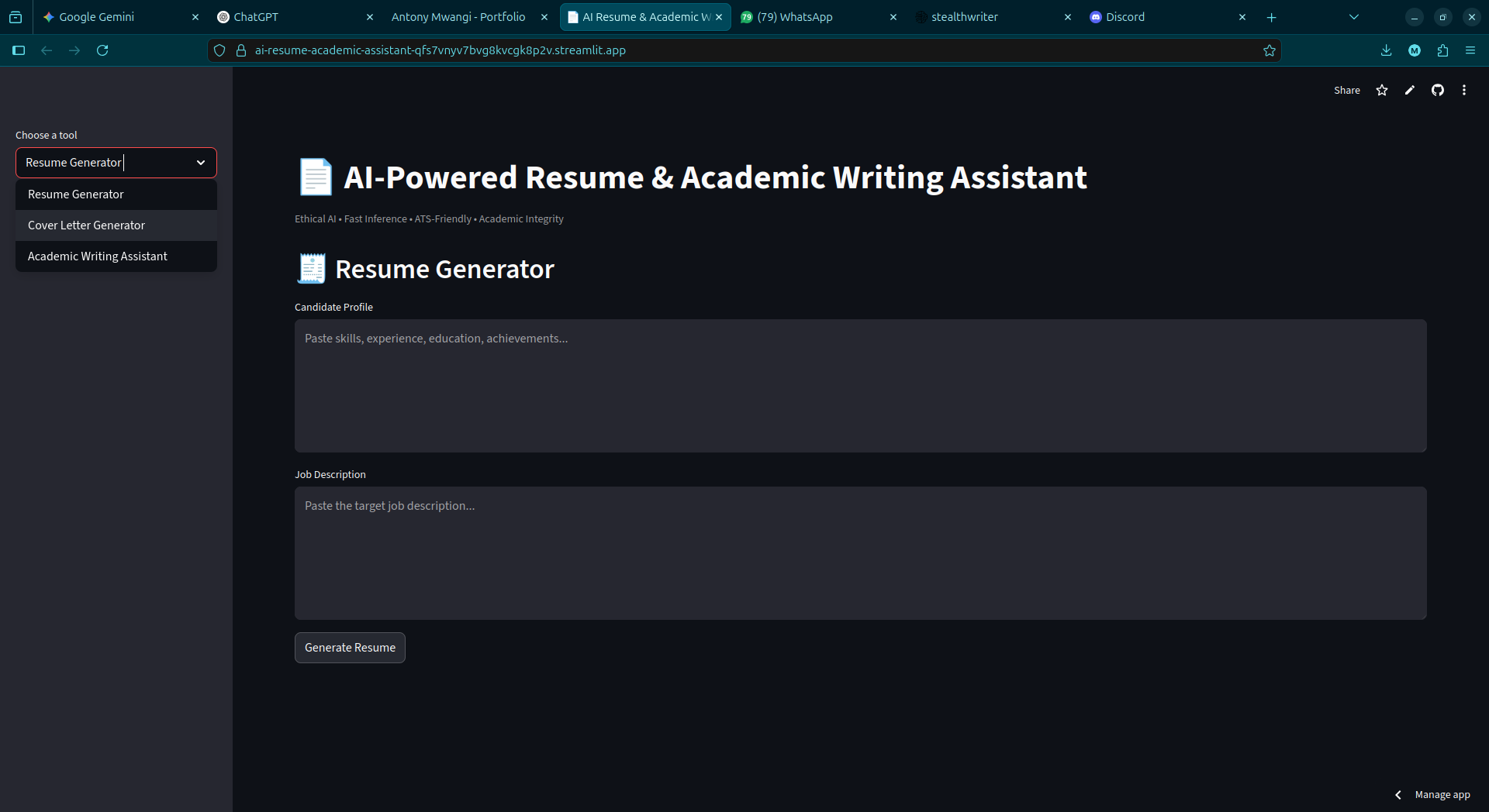 AI-Powered Resume & Cover Letter Generator with Smart Academic Writing Assistant (ETHICAL)